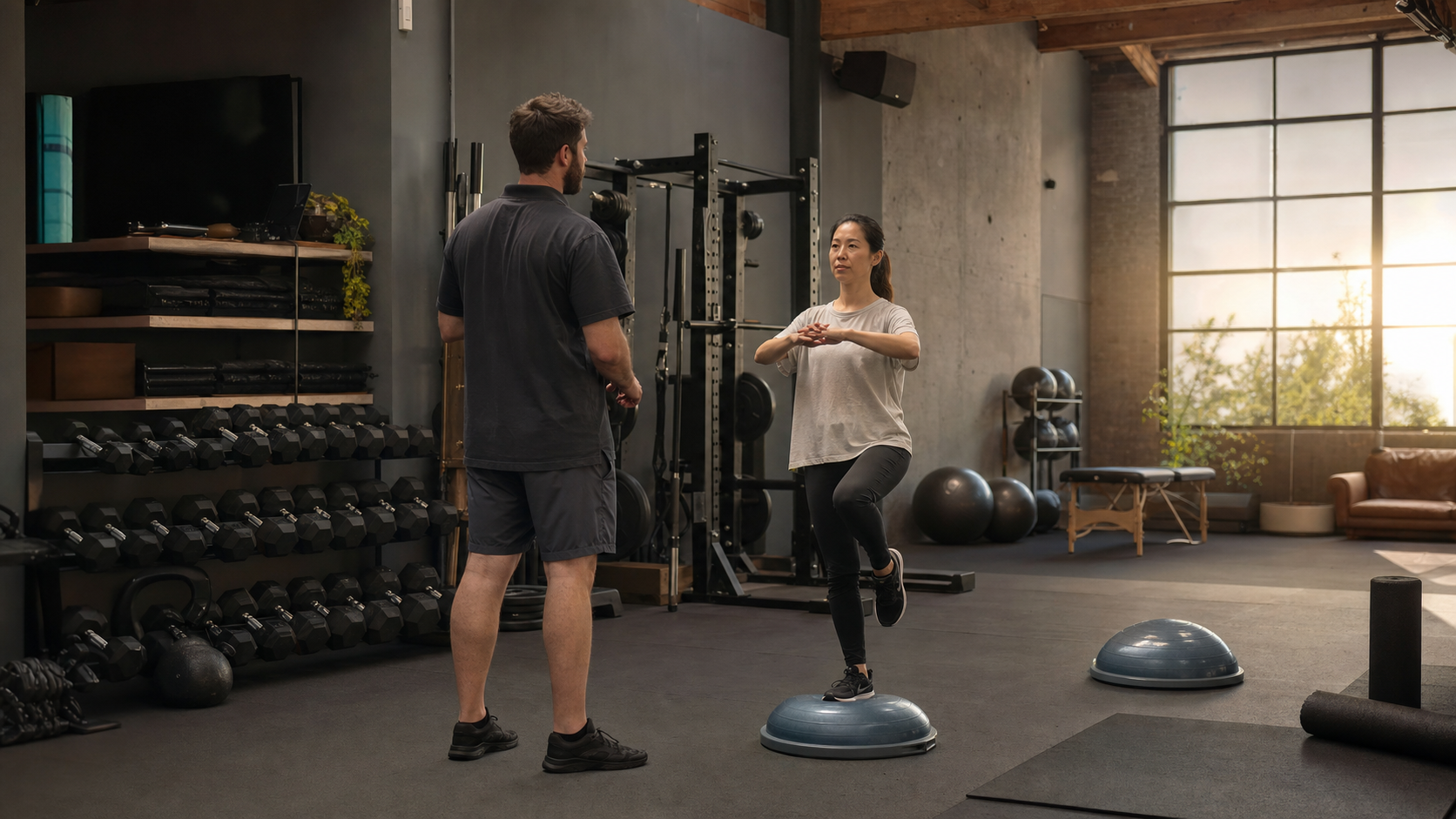 A physiotherapist guiding a client through balance rehabilitation in VERDE's sunlit Surry Hills clinic